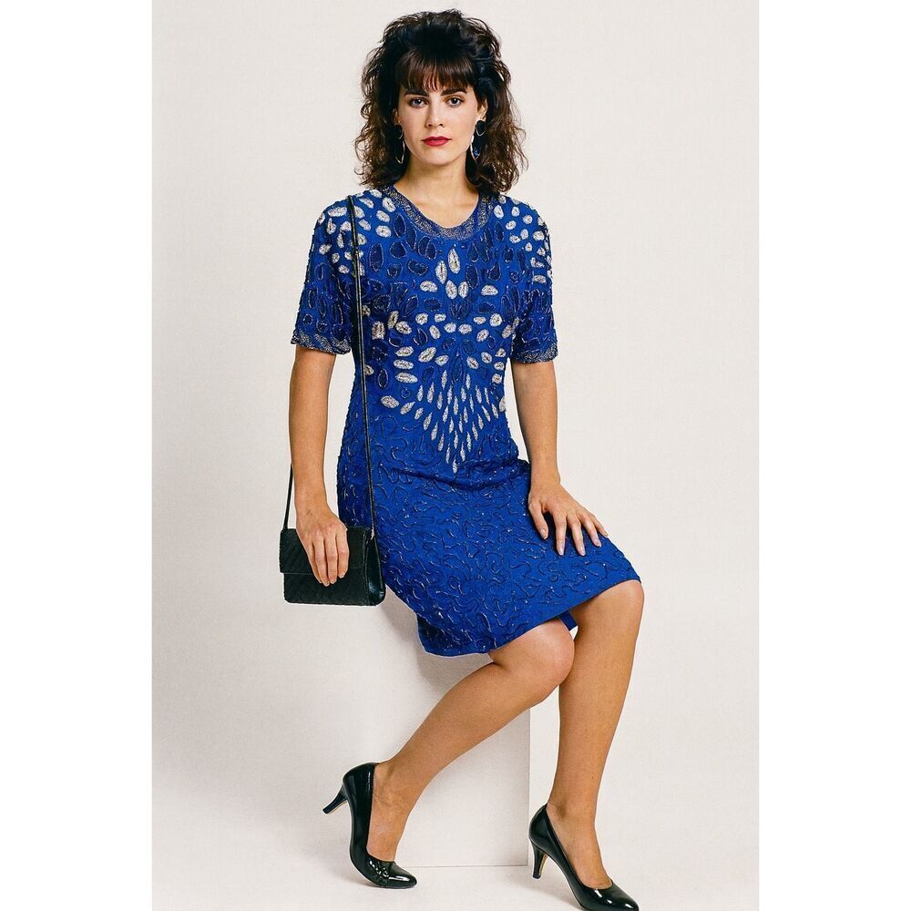 Vintage 80s Silky Nites Royal Blue 100% silk Beaded Sequined Mini Cocktail dress